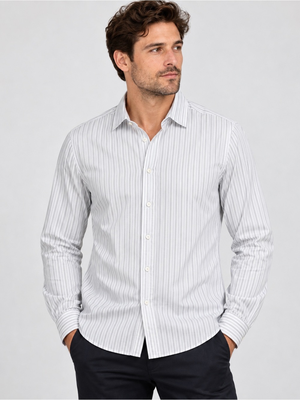 Lacoste Slim Fit Striped Button Down Shirt Mens 42 White Grey Long Sleeve